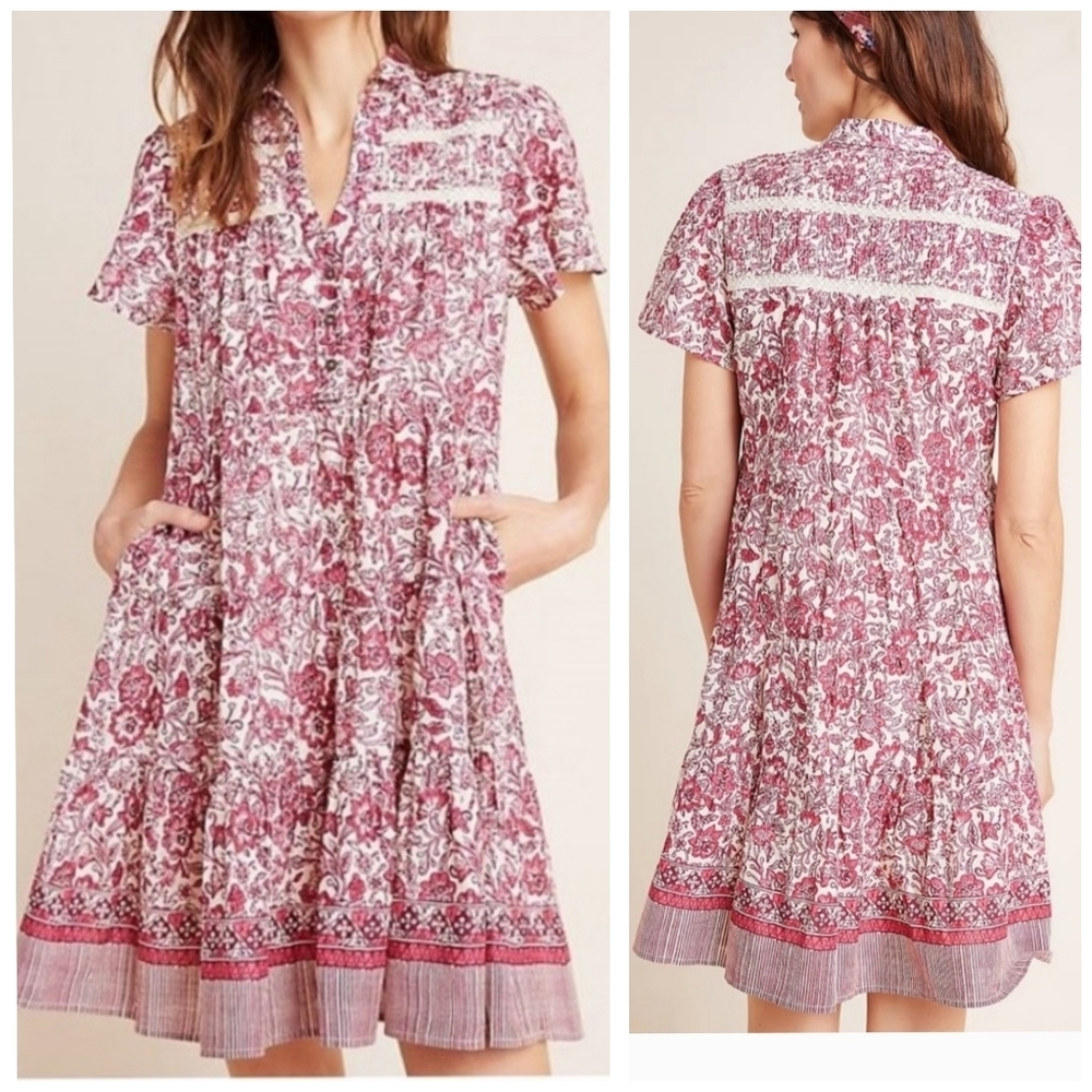 Anthropologie by Anthropologie Georgina Tiered Shirtdress in Red Floral Large